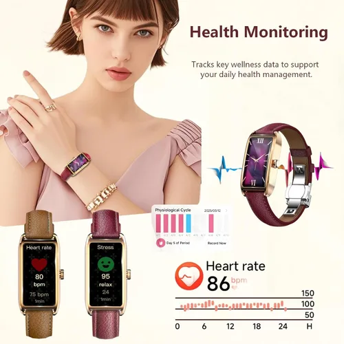 Vista 2 de Amoled Laies - Reloj inteligente para mujer, reloj inteligente con correa de piel, monitor de ritmo cardíaco, estrés, sueño, 12 modos deportivos