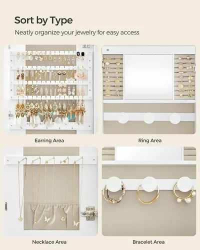 Vista 9 de SONGMICS - Organizador de joyas, gabinete LED de paredpuerta, espejo ancho redondo ccerradura, espejo int., espacio de almacen., 3.9x16.5x42.5 pulg