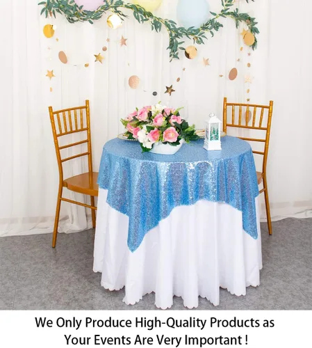 Vista 2 de ShinyBeauty Mantel Cuadrado Pequeño de 36 x 36 Pulgadas Mantel de Lentejuelas Azul Bebé Cubierta de Mesa con Purpurina Superposición Cuadrada