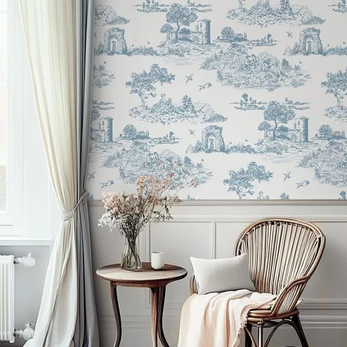 Vista 2 de WENMER Toile de Jouy - Papel de contacto Toile de Jouy, papel tapiz azul y blanco, papel adhesivo vintage de país francés para dormitorio, sala