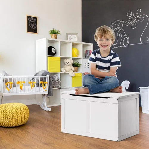 Vista 6 de Costzon Caja de juguetes de madera para niños, baúl y banco de almacenamiento para niños con tapa abatible, bisagras, organizador de almacenamiento