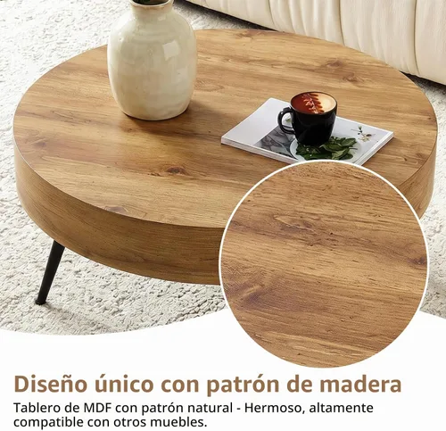 Vista 4 de LKTART Mesa de centro para sala de estar, mesas de centro redondas de madera con almacenamiento, mesa de té moderna de centro de metal para Marrón
