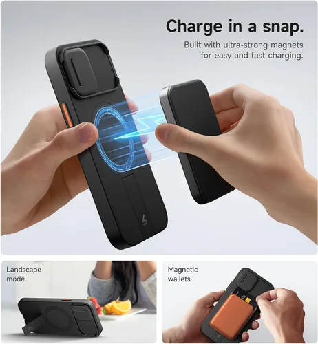 Vista 3 de SURITCH Funda para iPhone 12/12 Pro con cubierta magnética para cámara deslizante y soporte ajustable, compatible con MagSafe, funda protectora Negro