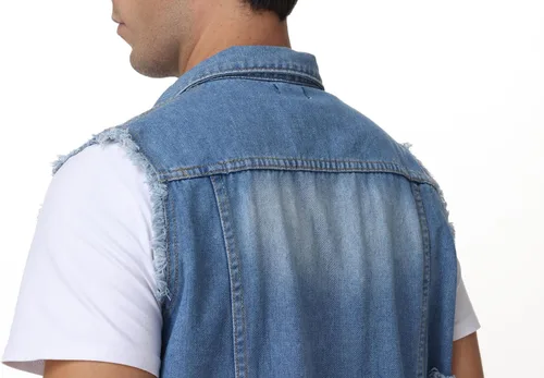 Vista 8 de NASKY Chaleco de mezclilla sin mangas ajustado retro rasgado para hombre y chaqueta de mezclilla