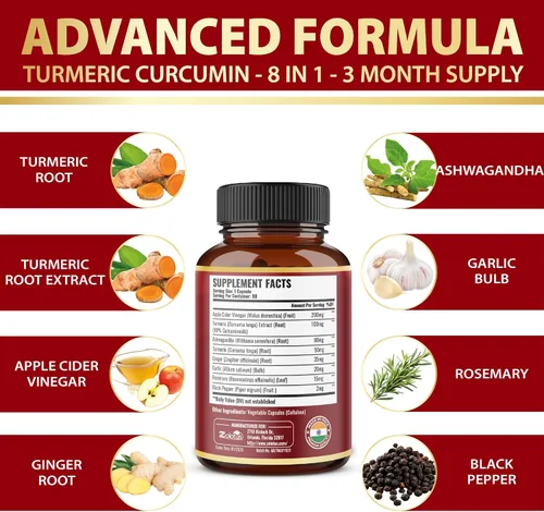 Vista 4 de Cápsulas de curcumina de cúrcuma 8 en 1 + vinagre de sidra de manzana, suministro de 3 meses con Ashwagandha, jengibre, bulbo de ajo, curcuminoides