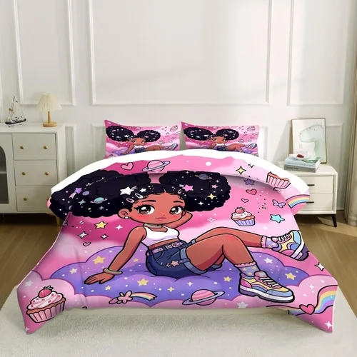 Vista 6 de kxry Lindo juego de edredón de niña negra, juegos de ropa de cama individual de niña afroamericana para niños, bonito edredón de nubes estrelladas
