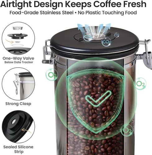 Vista 17 de Veken - Recipiente hermético para café de acero inoxidable, contenedor de almacenamiento de alimentos para la cocina con registro de fecha y cuchara