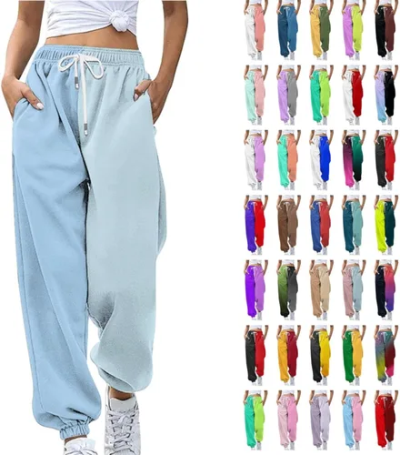 Vista 2 de FABFEGU Pantalones de chándal para mujer, con bloques de color, trabajo, negocios, casual, cintura alta, pantalones de vestir, pantalones fluidos
