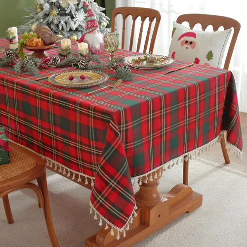 Vista 12 de Laolitou Mantel redondo a cuadros verde, de lino y algodón, con borla, a cuadros de búfalo, lavable, mantel de gingham para sala de estar