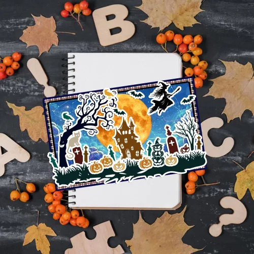 Vista 4 de ORIGACH Escenas de Halloween, sellos transparentes y troqueles de corte para hacer tarjetas, juego de sellos de silicona transparente de Halloween