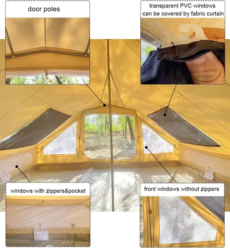 Vista 3 de Tienda de campaña grande impermeable de 4 estaciones de lona de algodón Glamping Yurt con agujero de gato de estufa para 6-8 personas Camping Caza