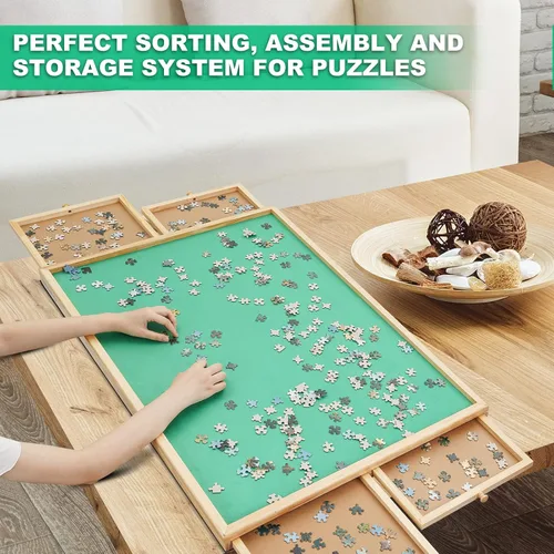 Vista 6 de Tablero de rompecabezas de madera de 1500 piezas con 4 cajones para almacenar rompecabezas, mesa de rompecabezas portátil grande de 26 x 35 pulgadas