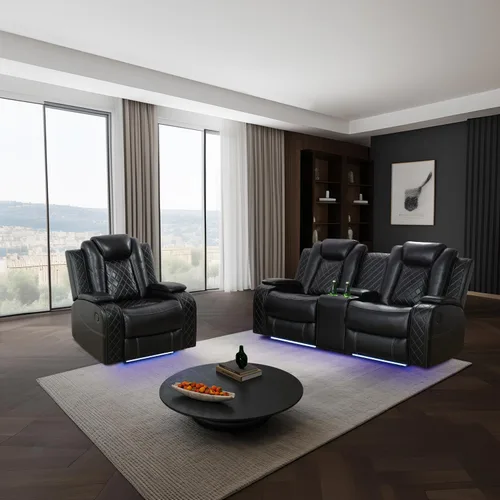 Vista 32 de Juego de sofá modular reclinable eléctrico con luz LED, juego de sofá modular reclinable de cuero, incluye sillón reclinable individual, juego