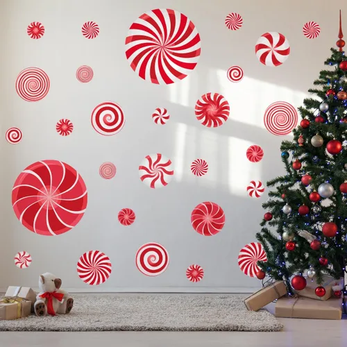 Vista 11 de 77 PCS Calcomanías de Pared de Dulces de Navidad Decoraciones Calcomanías de Pared de Navidad Calcomanías de Piso de Caramelo de Menta para Rojo