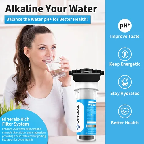 Vista 2 de WINGSOL WINGSOL Filtro de agua alcalina para debajo del fregadero, mejora el pH y el sabor, función 5-en-1 reduce metales pesados, cloro, PFAS