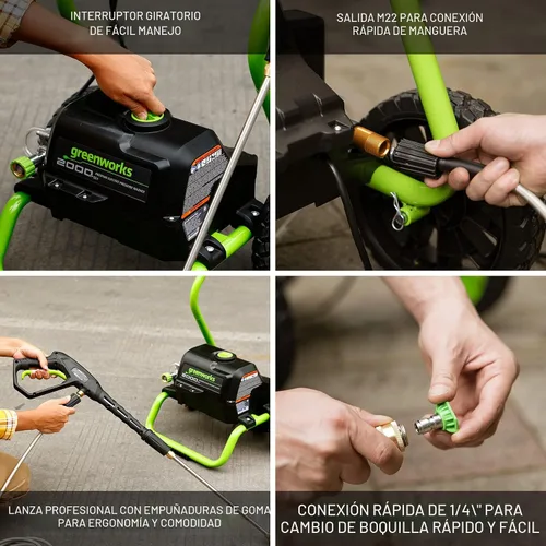 Vista 6 de Greenworks - Lavadora eléctrica de 2000 PSI (1.1 GPM máximo) (25°, 40°, boquilla de jabón) para uso en cubiertas, vallas, patios de hormigón, aceras