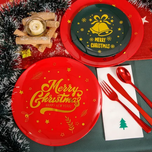 Vista 7 de WDF 175 piezas de platos de Navidad de plástico desechables - 25 platos verdes, 25 platos rojos con campanas doradas, 75 cubiertos de plástico