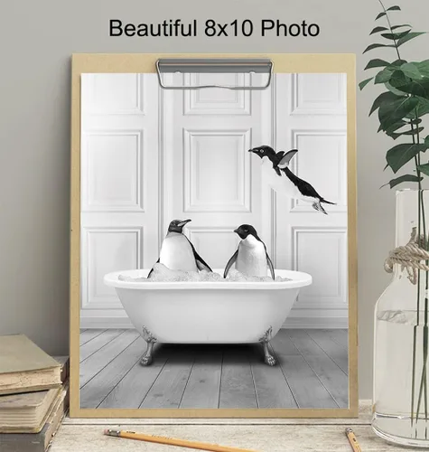 Vista 4 de Arte de pared de baño, decoración de pared de baño, decoración negra divertida, baño de invitados, ilustraciones de baño, regalos de pingüinos