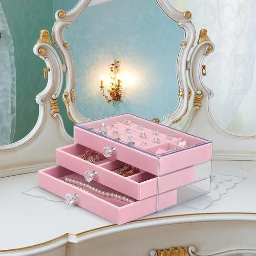 Vista 5 de Organizador de joyas de acrílico, caja organizadora de almacenamiento de cosméticos de maquillaje, caja de joyería transparente con 3 cajones, caja