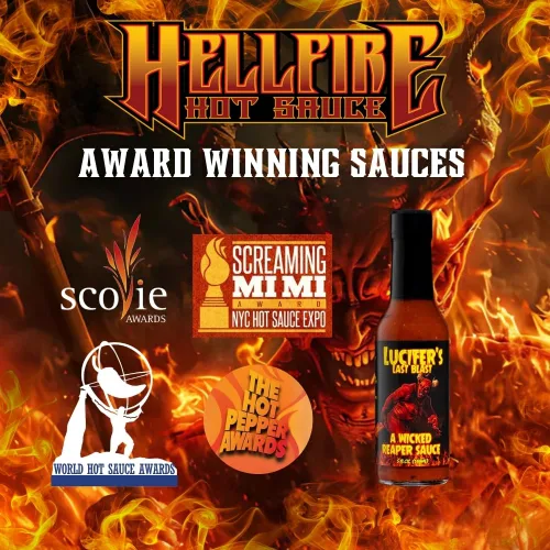Vista 7 de Hellfire Lucifer's Last Blast A Wicked Carolina Reaper - Salsa gourmet, galardonada salsa, contiene 65% de puré de pimienta pura Carolina Reaper