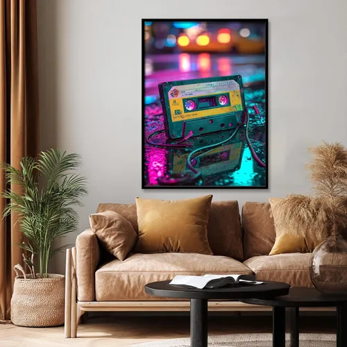 Vista 6 de Cinta de casete de audio retro y arte en lienzo de Walkman, fotografía de neón de la nostalgia musical de los años 80, decoración de pared