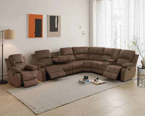 Vista 13 de Juego de sofá seccional reclinable manual, juegos de muebles de sala de estar de cuero regenerado en forma de L, sofá de esquina seccional