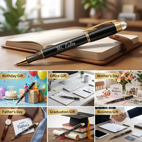 Vista 4 de Ancolo Bolígrafos de rodillo personalizados, juego de escritura suave de lujo con punta de cristal, tinta negra, personalizada con tu nombre
