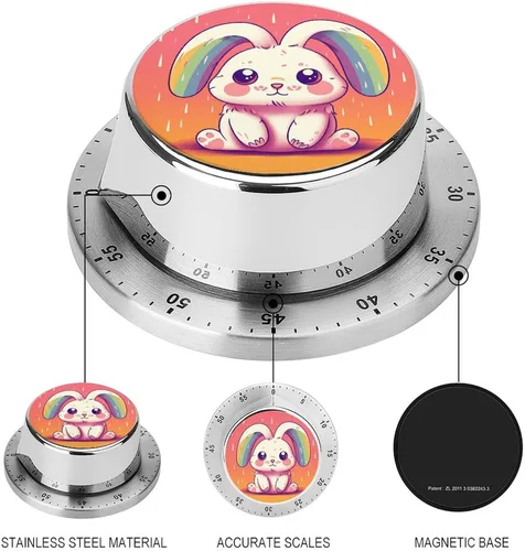Vista 3 de Conejo con orejas de arco iris, temporizador mecánico de cocina para cocinar 60 minutos con respaldo magnético, alarma fuerte, temporizador