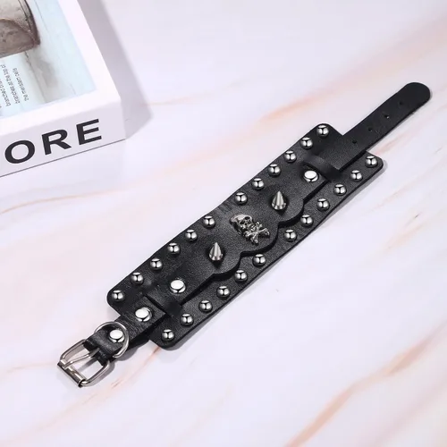 Vista 5 de Cupimatch Punk Gothic Skull Rivet Wide Leather Bracelet Cuff Adjustable 7.5"- 8.7" for Father's Day