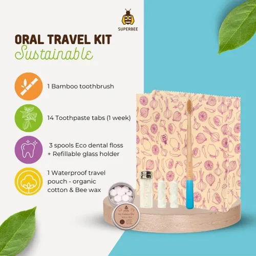 Vista 2 de SuperBee Kit de viaje con pastillas de pasta de dientes Dentos, 14 pestañas, hilo natural, cerdas suaves, cepillo de dientes de bambú, sin flúor