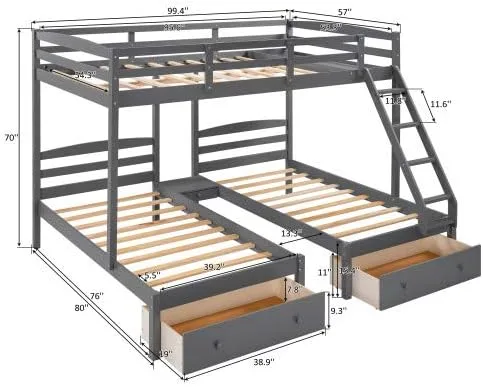 Vista 2 de Merai - Cama matrimonial y litera doble, litera triple de madera con cajones y barandillas (gris 2)