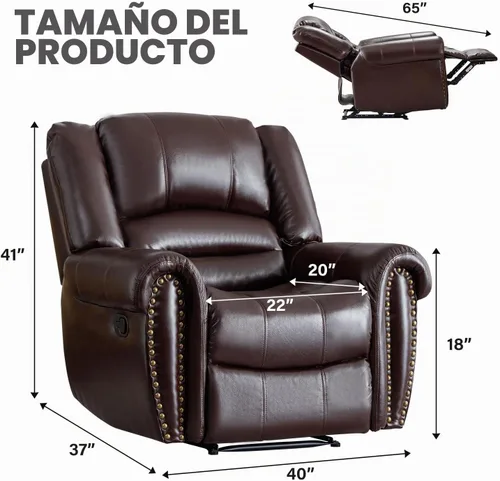 Vista 2 de INZOY Silla reclinable de cuero, sofá reclinable manual resistente, sofá individual para sala de estar, asientos de cine en casa, color marrón