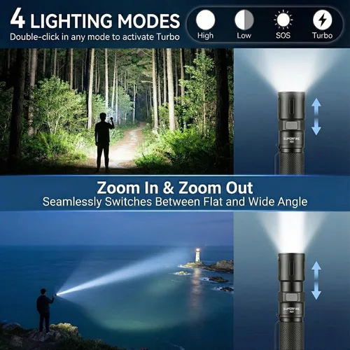 Vista 3 de SuperFire 1000 lúmenes, linternas LED recargables súper brillantes, linterna táctica con zoom con potentes chips, linterna de bolsillo de 4 modos