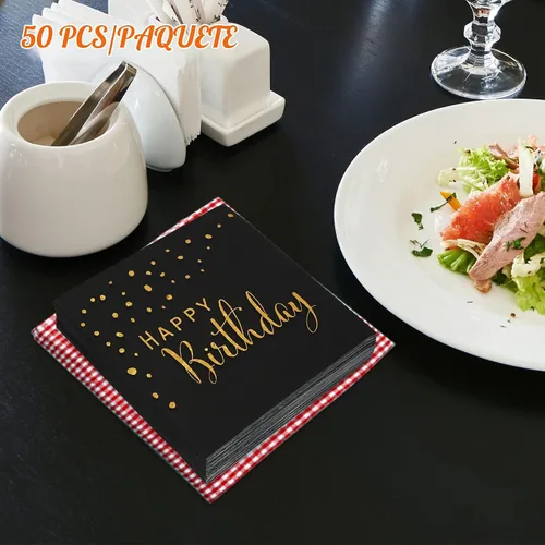 Vista 6 de DYLIVeS Servilletas de feliz cumpleaños, servilletas de papel de aluminio negro y dorado, servilletas de papel desechables para cena, picnic (Negro)