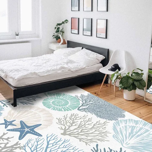 Vista 7 de Alfombra rectangular rectangular náutica azul para sala de estar, 4 x 6 pies, alfombra antideslizante de verano con diseño de conchas de mar y Coral
