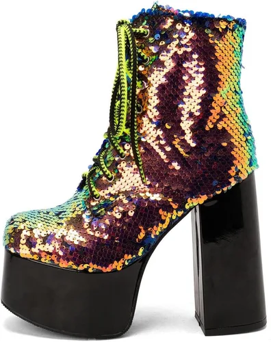 Vista 4 de Caradise Glitter Sparkly Platform Boots Sequin High Heeled Combat Boots Lace Up Chunky High Heel Ankle Boots 5.5 in-oro