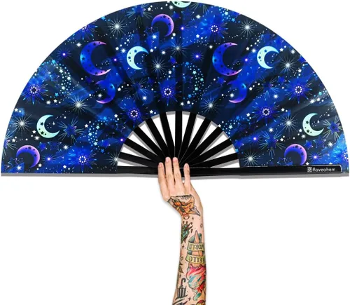 Vista 14 de Abanico Plegable Grande, Abanico Rave Clack de 13 Pulgadas, Abanico de Mano para Mujeres y Hombres con Tela de Satén Premium, Marco de Bambú Grueso