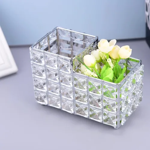 Vista 4 de K COOL Soporte para brochas de maquillaje de cristal, 2 ranuras hexagonales para cosméticos, delineador de ojos, taza de exhibición, organizador