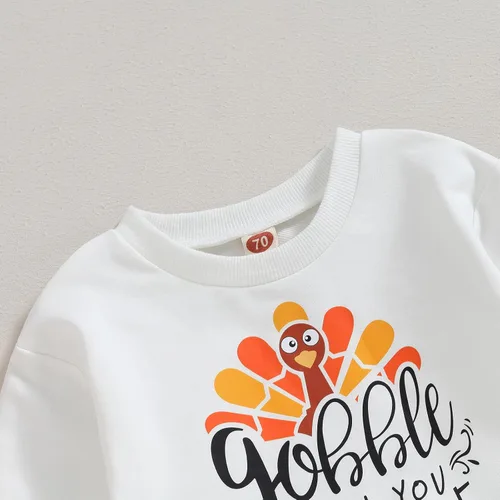 Vista 2 de Wrrkayly Traje de Acción de Gracias para bebé niño pequeño, sudadera de manga larga con cuello redondo y estampado de pavo, pantalones deportivos
