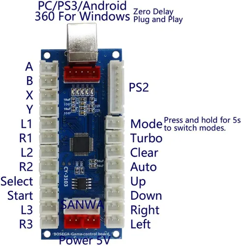 Vista 2 de Arcade Controller Zero Delay Encoder PCB Board Arcade DIY Kit Joystick Button 5V Power for PC Raspberry Pi Android PS2 PS3
