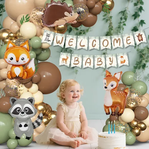 Vista 5 de 167 piezas Decoraciones de baby shower con temática de animales del bosque, kit de guirnalda de arco de globos con temática de bosque con pancarta