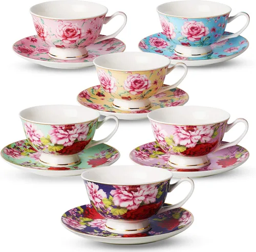 Vista 13 de BTaT- Tazas de té y platillos, diseño floral, juegos de tazas de té de porcelana, aptos para lavavajillas, juego de 4, 8 onzas