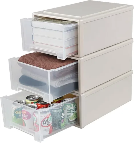 Vista 5 de Gloreen Cajones de almacenamiento apilables de plástico de 12 L, 3 paquetes de caja de cajón compacta de escritorio Beige
