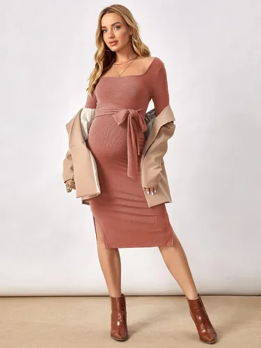 Vista 5 de OYOANGLE Vestido midi ajustado de manga larga con nudo frontal y cuello cuadrado para mujer
