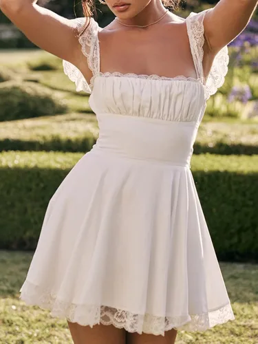 Vista 3 de Y2K - Mini vestido de encaje para mujer, con tirantes delgados, sin mangas, espalda descubierta, corte bajo, vestido de fiesta corto para club