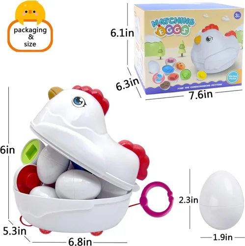 Vista 2 de Huevos de Pascua de emparejamiento para niños pequeños con caja de pollo para empujar y tirar, 12 piezas, juguete Montessori clasificador
