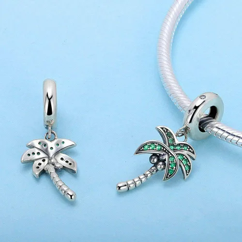 Vista 4 de Abalorio de palmera de plata de ley 925 con palmera de coco para pulsera Pandora