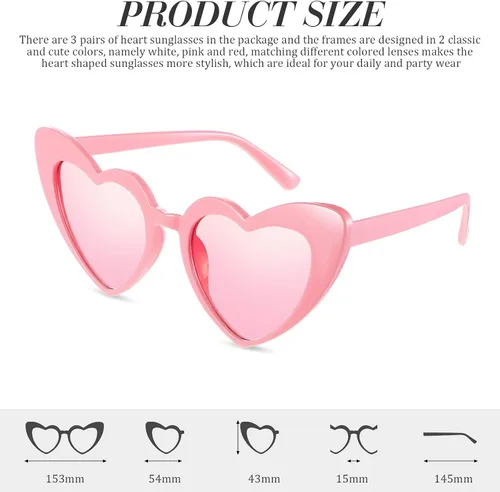 Vista 2 de Konohan 3 pares de lentes de sol en forma de corazón para el día de San Valentín estilo retro estilo retro gafas de sol blancas para mujeres y niñas