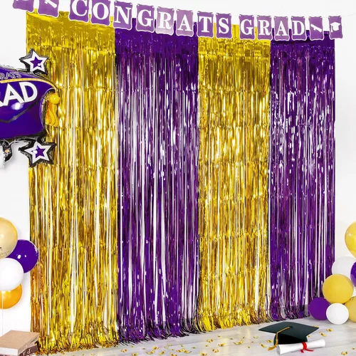 Vista 10 de LOLStar Paquete de 2 decoraciones de fiesta de graduación azul y dorado 2025, cortinas de flecos de aluminio de 3.3 x 6.6 pies, telón de fondo