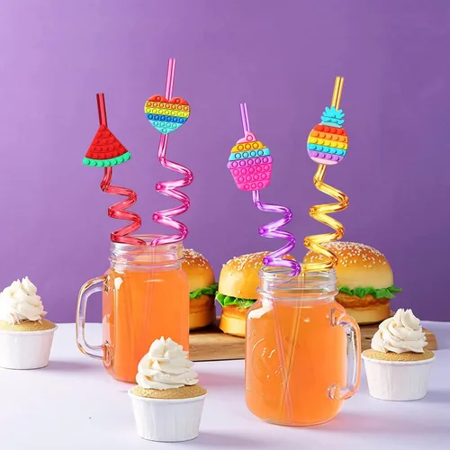 Vista 4 de 24 pajitas de plástico para beber para fiestas de cumpleaños, 8 diseños de Pop Fidget ideales para suministros de fiesta pop con 2 cepillos